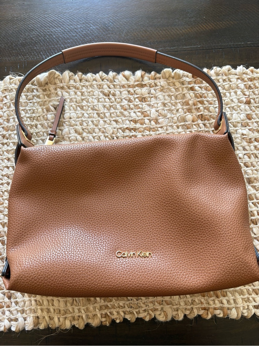 Calvin Klein Cognac Pebbled Leather Shoulder Bag with Gold Logo